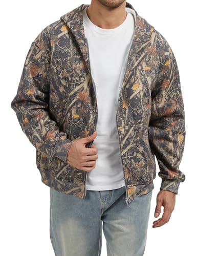 Camo Zip up Hoodie Men Full-Zip Fleece Hoodies Oversized Hooded Sweatshirts Maple Leaf Print Long Sleeve Sweatshirt