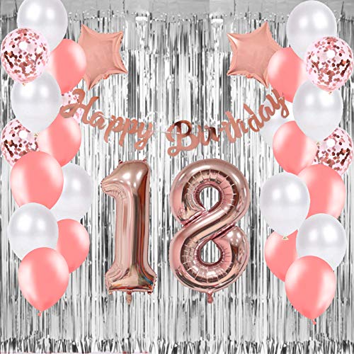 18th Birthday Rose Gold Balloons Party Supplies with Happy Birthday Banner Decorations, Tinsel Curtains, Rose Gold Number 18 Balloons, Foil Balloons, Confettl Balloons for Birthday
