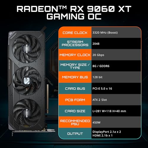 Image of GIGABYTE Radeon RX 9060 XT Gaming OC 8G Graphics Card, PCIe 5.0, 8GB GDDR6, GV-R9060XTGAMING OC-8GD Video Card