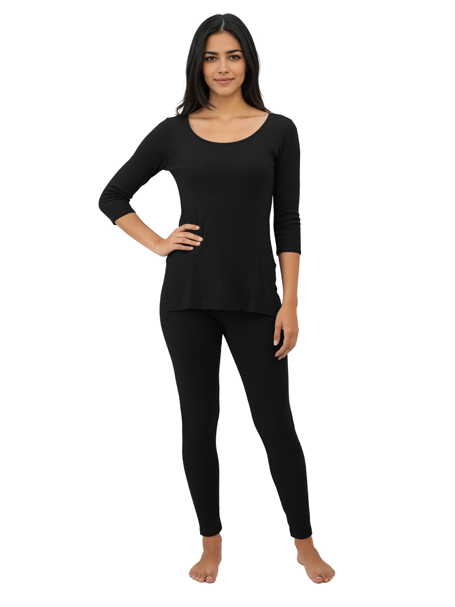Womens Cotton Rich Warm Thermal Set |Snug Fit-Solid | IntelliHeat Warm and Comfortable| Women Thermal Top & Bottom Set-image-34