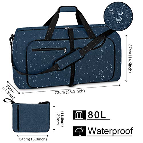 Travel Duffel Bag 80L Foldable Weekender Overnight Bags for Men Women Waterproof Sports Gym Bag with Shoes Compartment Holdall Weekend Bag Blue