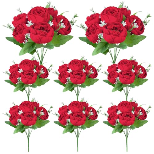 Image of 8 Pack Red Peonies Artificial Flowers, Fake Silk Hydrangea Bouquet for Bridal Wedding Home Table Decor Reusable Dining Opening Ceremony Birthday Arrangement Faux Floral
