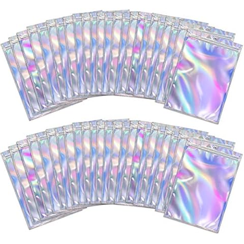 BQTQ 150 Pieces Foil Ziplock Bags Resealable Smell Proof Bags Flat Foil Pouch Metallic Bags for Party Favours Food Storage, Holographic, 6x10cm Cover