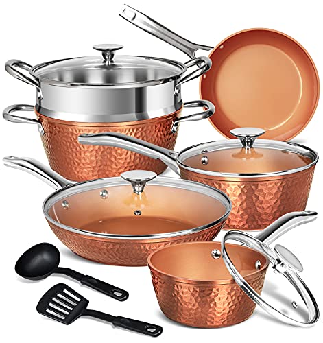 MICHELANGELO Hammered Pots and Pans Set, Nonstick Copper Cookware Set 12 Piece, Copper Pots and Pans, Kitchen Cookware Sets with Fry Pans, Stock Pans, Lids, Cooking Utensils - Induction Compatible