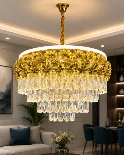 Image of Elegant Chandelier Ceiling Light for Living Room Hanging Pendant Light | Italian K9 Crystals | Metal Frame | Adjustable LED Light-Pack of 1 (Chandelier-Floral-500MM-Gold)