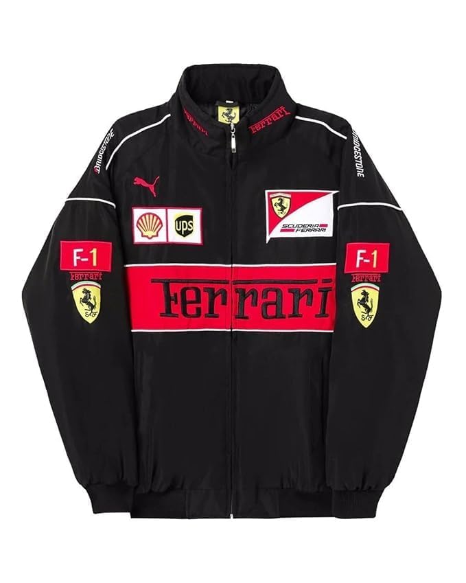 Black Racing Vintage Embroidered Jacket | Modern F1 Style Streetwear Bomber Jacket | Motorsport-Inspired Fashion Outerwear for Men-image-42