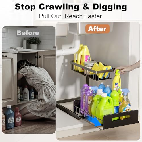 Image of REALINN Under Sink Organizer, L-Shaped 2 Tier Pull Out Cabinet Organizer for Kitchen and Bathroom, Slide Out Under Cabinet Storage, Metal Under Sink Storage with Sliding Drawer, 50 lbs, Black 2 Pack