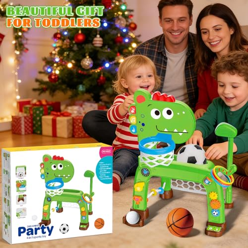 4-in-1 Basketballkorb und Fußballtor Spielzeug für Kleinkinder, Babyspielzeug mit Golfspiel und Ringwurfspiel, Dinosaurier-Spielzeug für 1 2 3 jährige Jungen und Mädchen mit Licht, Sound und Musik