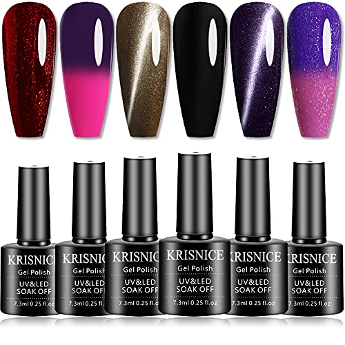 KRISNICE Magnetic 3D Cat Eye Gel Nail Polish Lavender Purple Black Brown Manicure Color Changing Gel Soak Off UV LED Nail Art Varnish Set Starter Salon Kit 6 colors with 1 Magnet Stick(KHS6-002-01)