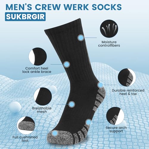 Men's Cotton Crew Work Socks, 6 Pair Cushioned Boot Socks for Hiking, Sports & Running Moisture Wicking Athletic Socks2