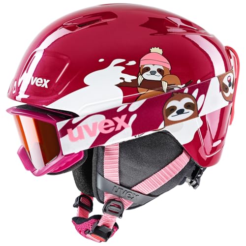 uvex heyya set, casco de esquí infantil con gafas ligero, ajuste de talla individualizado, con mejora del contraste, berry, white sloth, 46-50 cm