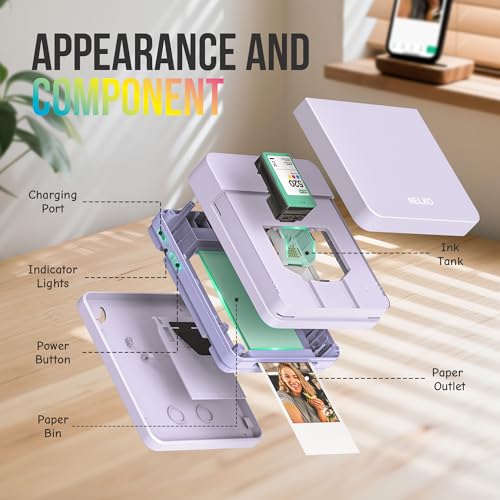 Nelko Fotodrucker PP01 Farbe Tragbarer Mini Fotodrucker für Smartphone mit 20 Fotopapier, Tintenstrahl Aufkleber Drucker, Sticky Back Fotos für iOS & Android, Smart AI APP, Lila