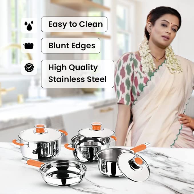 Image of Kuber Industries Set of 4 Stainless Steel Cookware Set I Induction Base Cookware I Saucepan (1.4 L), Kadai (2.0 L), Casserole (2.5 L), Frypan (1 L) and 3 Lids I Heavy Gauge Steel