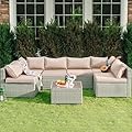 Skyfish 7 Pieces Patio Furniture Set - Outdoor Sectional Wicker Rattan Furniture with Cushion and Glass Table Patio Conversation Sets for Porch Poolside Backyard Outdoor Sofa Set Modular Sofa