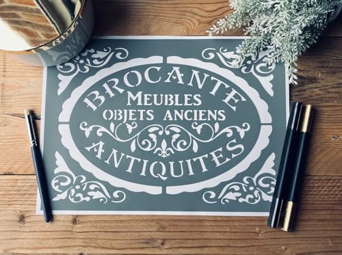 Pochoir Adhésif en PVC, Style Vintage, Motif Médaillon Brocante Meubles & Objets Anciens, 30 x 20 cm. Multi-supports. Pochoir pour meuble, relooking, déco...