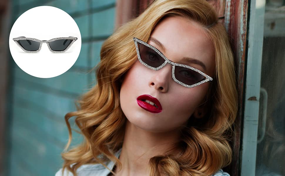 FEISEDY Small Cat Eye Sunglasses for Women Vintage Square Sparkling Crystal Trendy Retro Cateye Sunglasses B23173