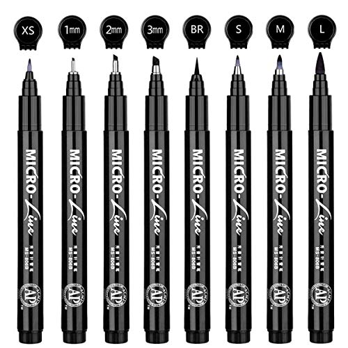 (8 Size) Hand Lettering Pens,Calligraphy Pen,Black Ink Permanent Markers Set for BeginnersBeginners Writing, Brush Lettering, Art Drawing, Water Color Illustrations, Signature