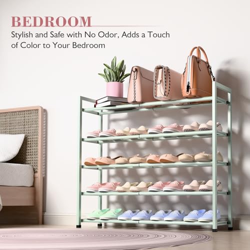 Image of Bumusty 5-Tier Expandable Shoe Rack for Closet, 18 inch-33 inch Adjustable Shoe Rack for Small Space, Small Shoe Organizer for Front Door, Sturdy Metal,Green