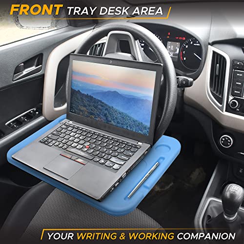 Image of EcoNour 2 in 1 Car Steering Wheel Desk | Steering Wheel Tray for Laptop Car Mount with Pen Holder | Car Food Tray for Eating with Drinks Holder | Multipurpose Travel Car Accessories | Blue