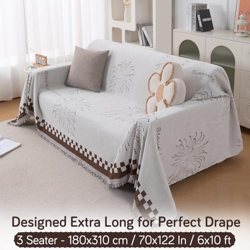 Image of HOKIPO Printed 320 GSM Chenille Sofa Cover Throw Blanket for 3 Seater Sofa - All Season, 'Serene Abode Series' Brown Dot Burst (180x310 cm) (AR-6633-D6)