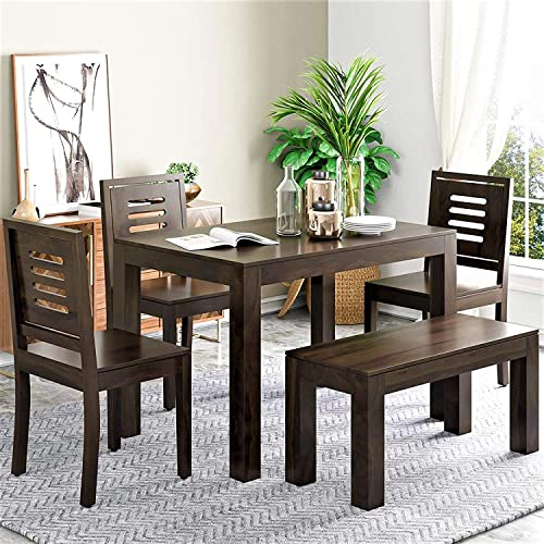 MONIKA ART AND CRAFT Solid Sheesham Wood Dining Table 4 Seater Set With 3 Chair 1 Bench for Dining Room Living Room Home Office | Wooden Furniture Four Seater Dinning Table for Hotels Restaurants | Modern Dining Room Set | Walnut Finish
