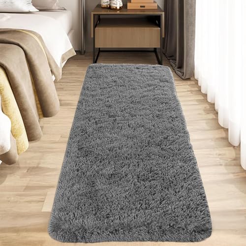 Image of Luxury Shaggy Carpet Solid Plain Fluffy Fur Rectangular Rugs For Bedroom Living Room 2X6 Feet Microfiber & Polyster Modern Interior Floor Mat Dark Grey