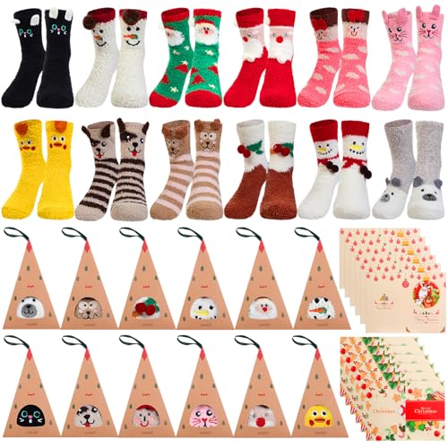 Image of Foaincore 12 Pairs Christmas Fuzzy Socks Bulk in Gift Box Women Cozy Animal Soft Fluffy Slipper Sock Winter Xmas Holiday Gift