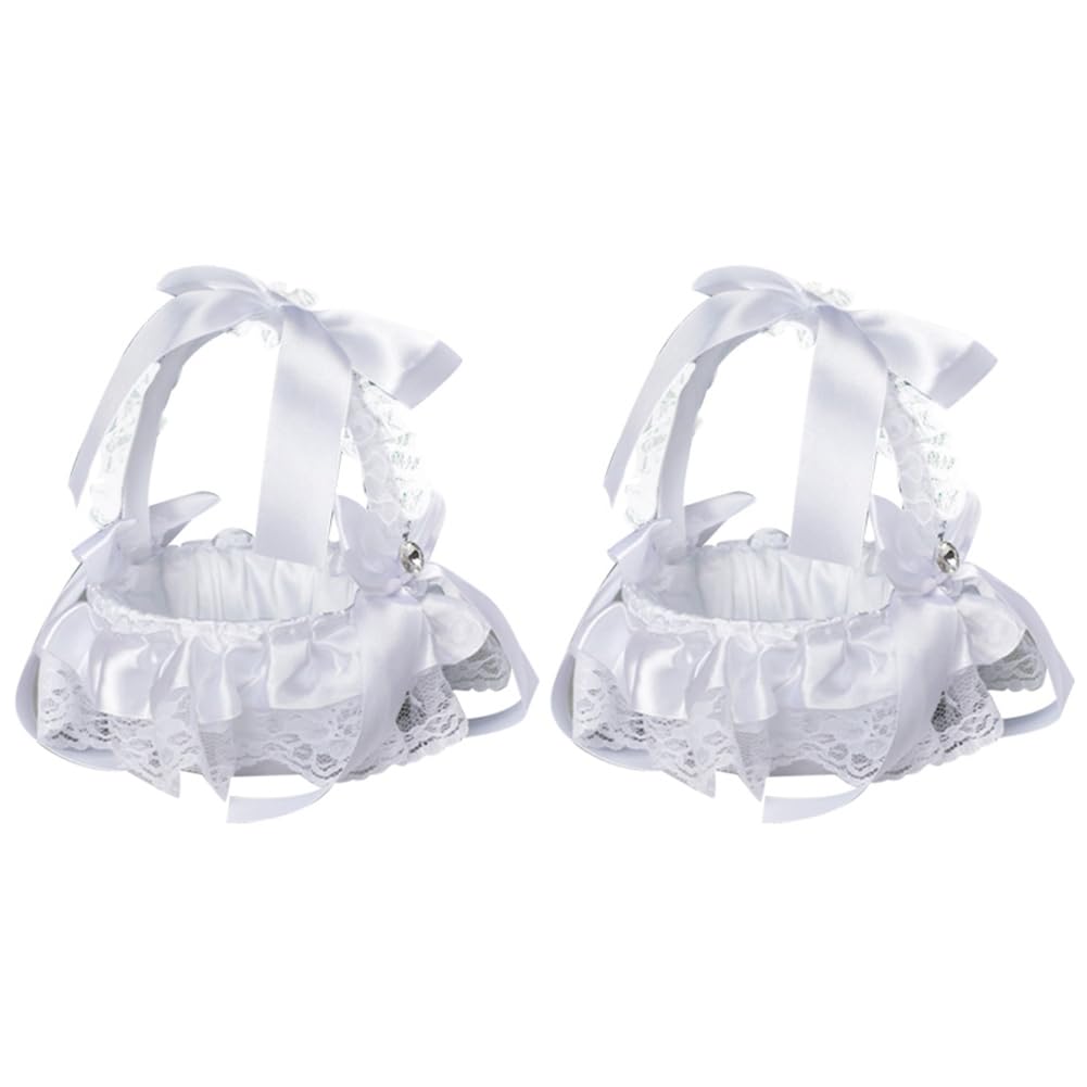 CTRLZS 2Pcs White Flower Girls Basket Wedding Basket for Flower Bride/Kids Hand Held Wedding Ceremony Party Decorations,B