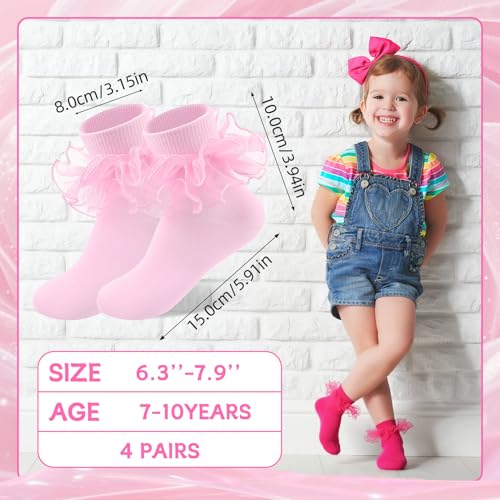 Jspupifip 4 Pairs Girls Big Ruffle Socks Soft Cute Classic Toddler Double Lace Frilly Cotton Dress Sock for Kids2