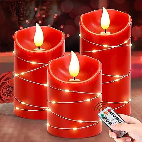 Palmatte 3PCS Red Flameless Candles with Remote Timer String Lights, Electric Battery Operated Candles Flickering Fake Led Pillar Candles Christmas Thanksgiving Fall Decorations for Home Room Decor Cover