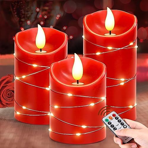Palmatte 3PCS Red Flameless Candles with Remote Timer String Ligh...