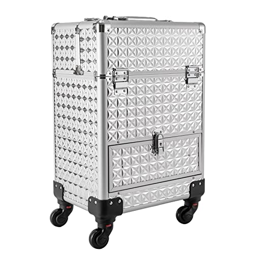 Eleeferri Rolling Makeup Train Case, Rolling Trolley Cosmetic Case, Portable Manicure Storage Case, Jewelry Travel Cosmetic Train Case with 4 Wheels for Manicurists Makeup Artists (Silver)