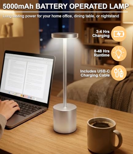 Image of Silver Cordless Table Lamp Rechargeable - 2 Pack 5000mAH Battery Operated Lamp for Counter, 3 Color Stepless Dimming Waterproof LED Wireless Lamp for Dining Kitchen, Outdoor Patio, Touch Control