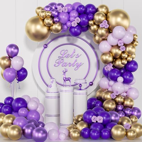 Image of Purple and Gold Balloons Arch Kit, 140Pcs Dark Purple Metallic Gold Lavender Lilac Metallic Purple with Confetti Balloons for Baby Shower Girl Princess Party Women Birthday Wedding Decorations
