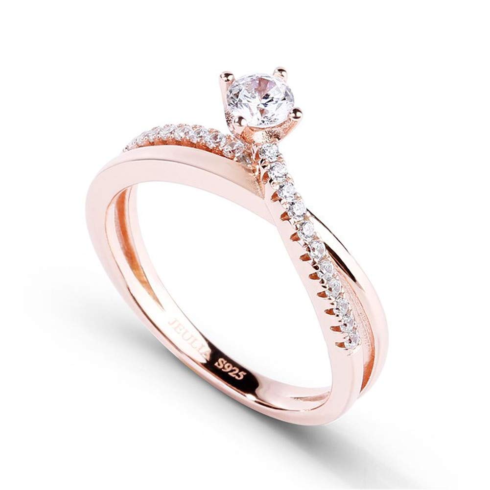 Jeulia Anillos de promesa de plata de ley solitario chapado en oro rosa 18k anillos de corte redondo para cumpleaños, boda, compromiso
