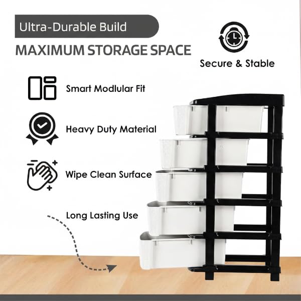 Image of KITCHIVO Plastic Modular Drawer Storage Chest Of Drawers Organizer Storage Box, Large Stomo Racks For Multipurpose Anti-slip Shoes Organizers (White & Black, 5 Layer)