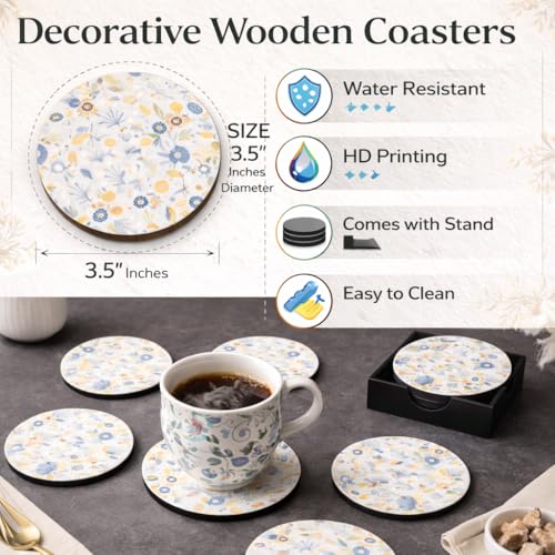 Image of Zesta Coasters for Cups Set of 6 / Wooden Coasters for Bar Accessories for Home /Tea Coaster Set of 6 / Waterproof Dining Table Decor Glass Cover (Pastel Floral, Circle)