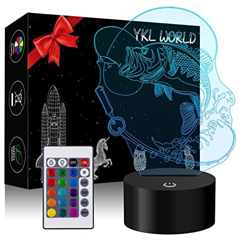 YKLWORLD 3D Fishing Lamp Illusion LED Night Light Touch Fish Desk Table Lamps 16 Color Change USB Charging/Battery Powered Home Bedroom Decor Christmas Birthday Gifts Toys for Boys Kids Fishing Lover Cover