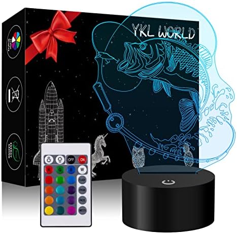 YKLWORLD 3D Fishing Lamp Illusion LED Night Light Touch Fish Desk Table Lamps 16 Color Change USB Charging/Battery Powered Home Bedroom Decor Christmas Birthday Gifts Toys for Boys Kids Fishing Lover