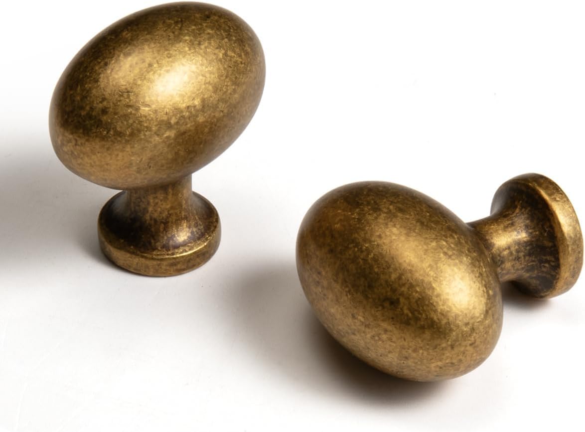 Oval Antique Brass Cabinet Knobs, Zinc Alloy for Drawer Knobs for Dresser Cupboard Wardrobe (5, Antique Brass, Egg knob)