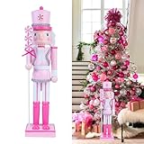 FOTWUZ Christmas Pink Nutcracker Decor - 14IN Wooden Nutcracker Soldier Figures Christmas Doll Ornament for Girl Festival Party Xmas Gift Desktop Home Decorations (Pink)