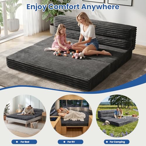 Image of Erament Tri-Fold Futon Sofa Bed, 6 Inch Foldable Floor Couch, High-Density Foam Convertible Sleeper Sofa with Removable Washable Corduroy Cover, Portable Floor Mattress for Living Room