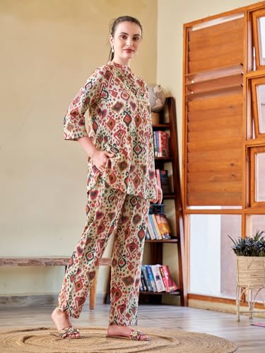 Image of Cotton Relaxed Fit Shirt & Trouser Co-Ord Set for Women |Front Openable Button and 3 /4 Sleeve Shirt |Two Pockets and Elasticated Waist Trouser | Casual Wear and Everyday Wear