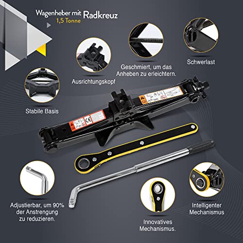 Wagenheber-Set | Scherenwagenheber für Autos 1,5 Tonnen (3.300 lbs) Tragbar, ideal für SUV und Autos – Universelles Auto-Notfallset mit Schraubenschlüssel