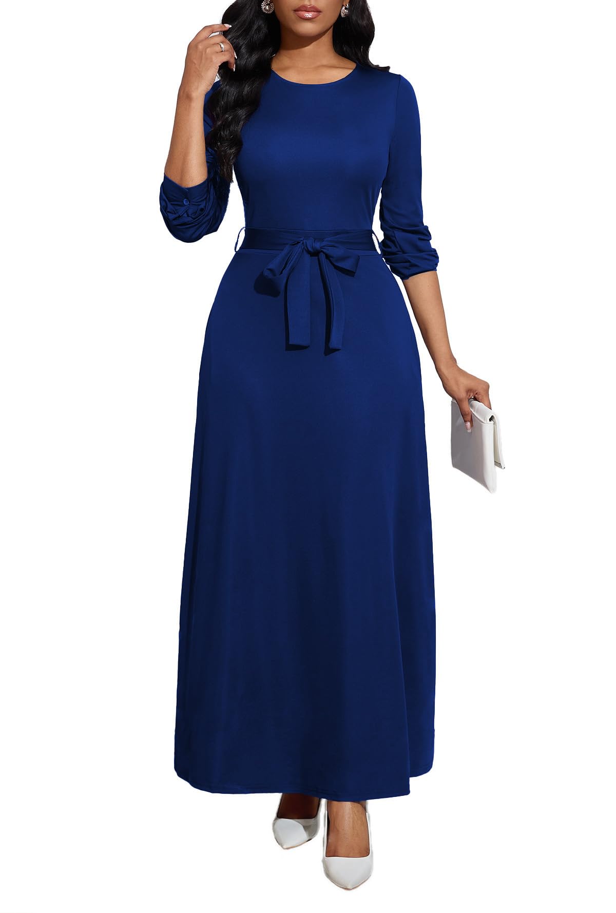 BubFee Long Dress for Women Casual Long Sleeve Dresses Maxi Dress Empire Waist Loose with Belt