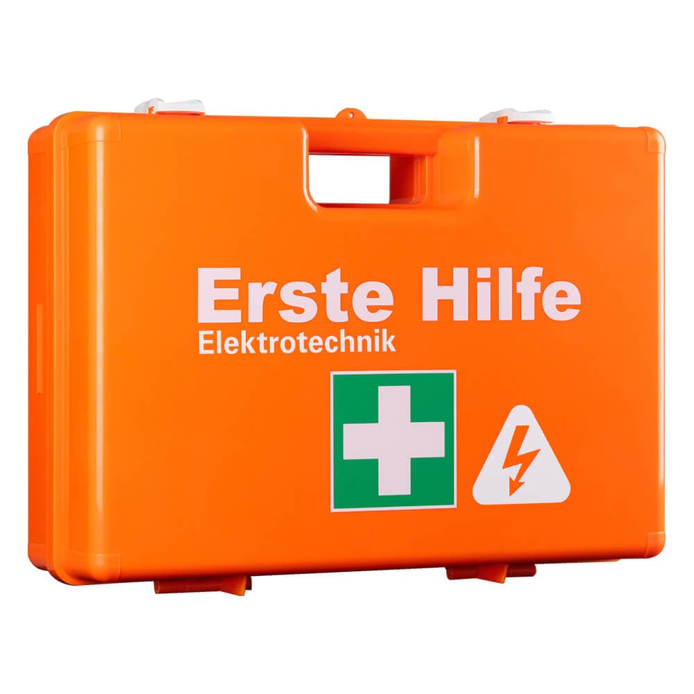 Erste-Hilfe-Koffer Elektrotechnik, orange, mit Wandhalterung, DIN 13157, Art.-Nr. 611196 | Verbandskasten | Notfallkoffer | Erste Hilfe Kasten