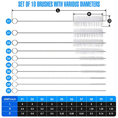 Set de 10 cepillos para limpiar pitillos acero inoxidable miniatura 7