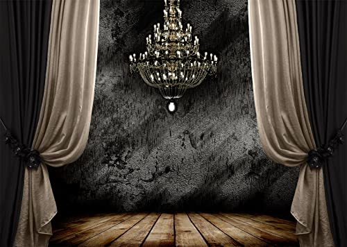 BELECO 7x5ft Fabric Luxury Chandelier Backdrop for Photography Grunge Dark Room Interior with Wooden Floor Curtains European Gorgeous Crystal Chandelier Background Portrait Photoshoot Studio Props