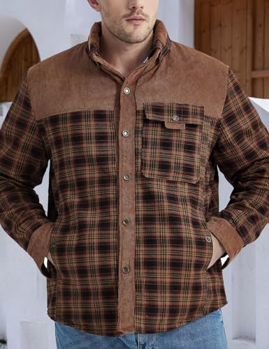 Image of Gihuo Men's Long Sleeve Sherpa Lined Shirts Outdoor Warm Flannel Plaid Jacket Button Down Fleece Coats
