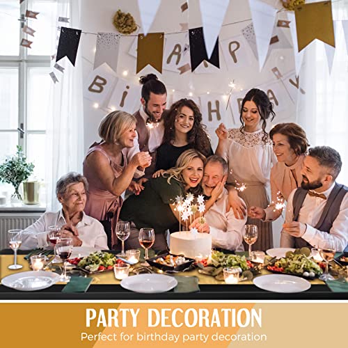 Image of Breling 8 Pack New Year Black and Gold Disposable Plastic Tablecloths and Satin Table Runner Set, 54 x 108 Inch Tablecloth, 12 x 108 Inch Table Runners for Wedding Graduation Birthday Baby Shower